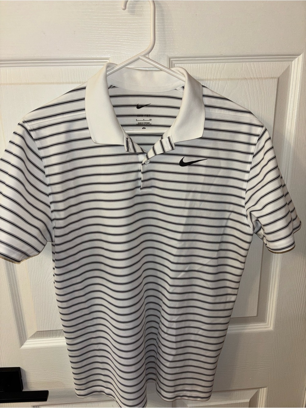 Nike Dri Fit Small Men’s White Polo with Black Stripes